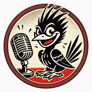 Rundes Spottvogel-Logo mit Mikrofon im Retro-Comicstil