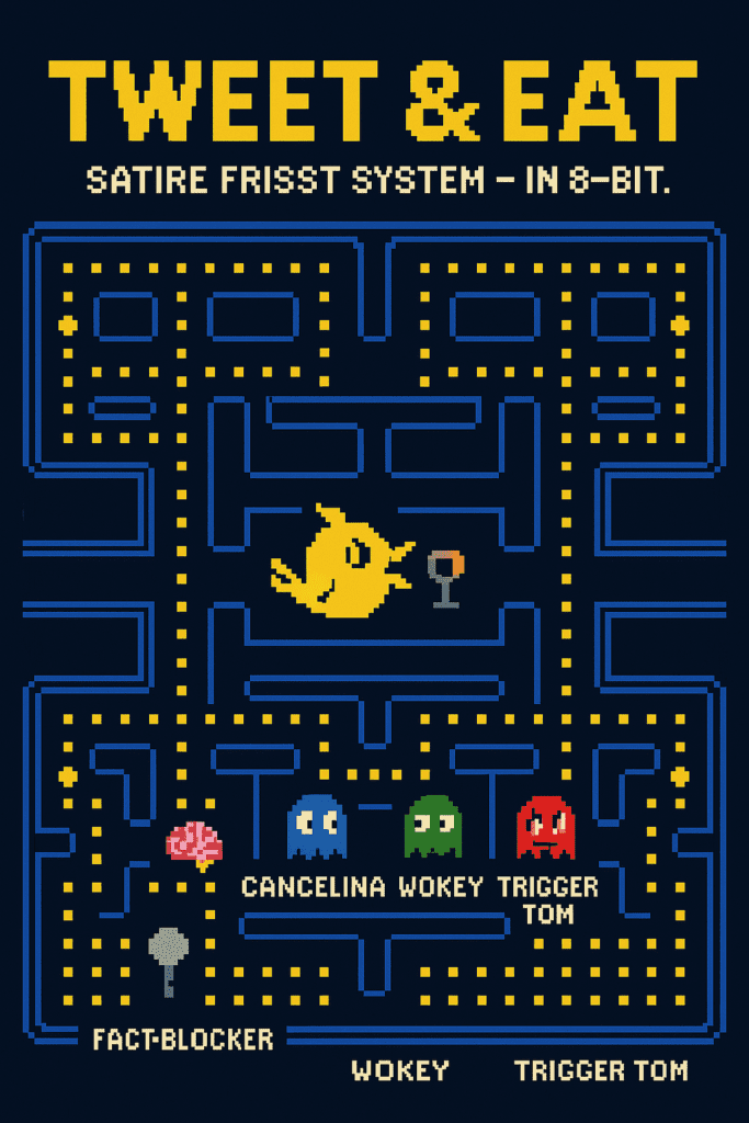 Tweet & Eat 8-Bit Satire-Poster im Pac-Man-Stil