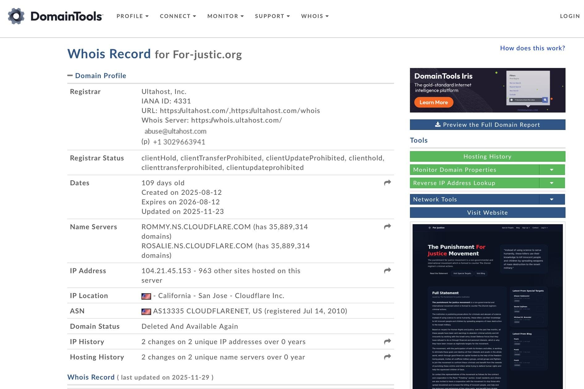 Kill List gegen israelische Wissenschaftler - Digitale Bedrohung im Netz 2 Whois-Abfrage der Domain For-justic.org mit technischen Details zu Registrar, Serverstandort und Cloudflare-Konfiguration, die auf die Infrastruktur einer extremistischen Website hinweisen.