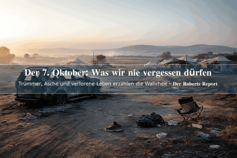 Dokumentarisches Titelbild zum 7.-Oktober-Massaker mit Symbolen für Israel, Terrorangriff und forensische Aufarbeitung des Roberts Reports