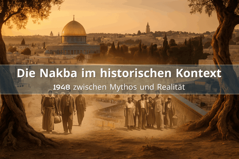 Historische Darstellung der Ereignisse von 1948, Fokus auf Fluchtbewegungen, arabische Invasion und jüdische Flüchtlinge