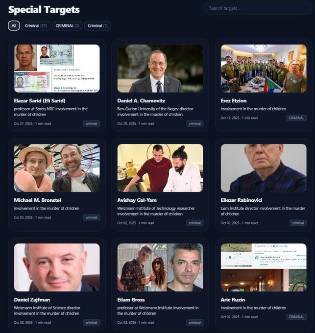 Kill List gegen israelische Wissenschaftler - Digitale Bedrohung im Netz 1 Übersicht einer extremistischen Website, die israelische Wissenschaftler als sogenannte „Special Targets“ listet und mit Falschbeschuldigungen sowie Bedrohungen markiert.