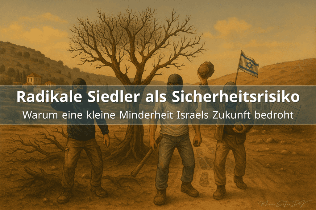 Dokumentarisches Titelbild zur Problematik gewaltbereiter Siedler in der Westbank, Fokus auf Konflikt, Sicherheitslage und moralische Herausforderungen für Israel.