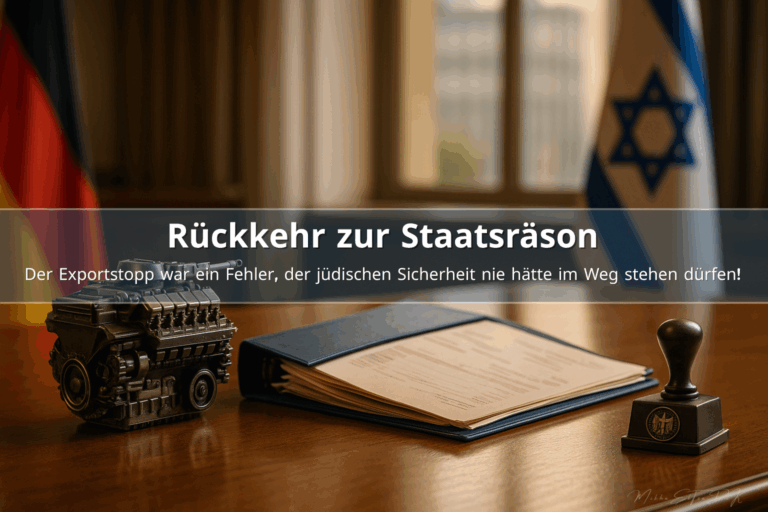 Dokumentarisches 16:9-Foto: Auf einem großen deutschen Regierungsschreibtisch liegt ein geöffneter Merkava-Panzermotor mit sichtbaren Bauteilen, daneben Exportpapiere und ein Metallstempel mit Bundesadler. Im Hintergrund stehen unscharf eine deutsche und eine israelische Flagge in warmem Licht.