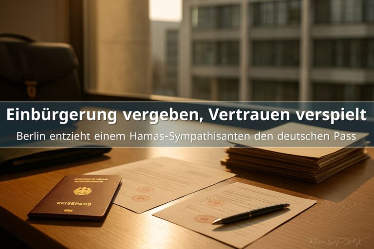 Deutscher Reisepass, gestempelte Behördenformulare und Akten auf einem Schreibtisch im warmen Nachmittagslicht eines Berliner Verwaltungsgebäudes