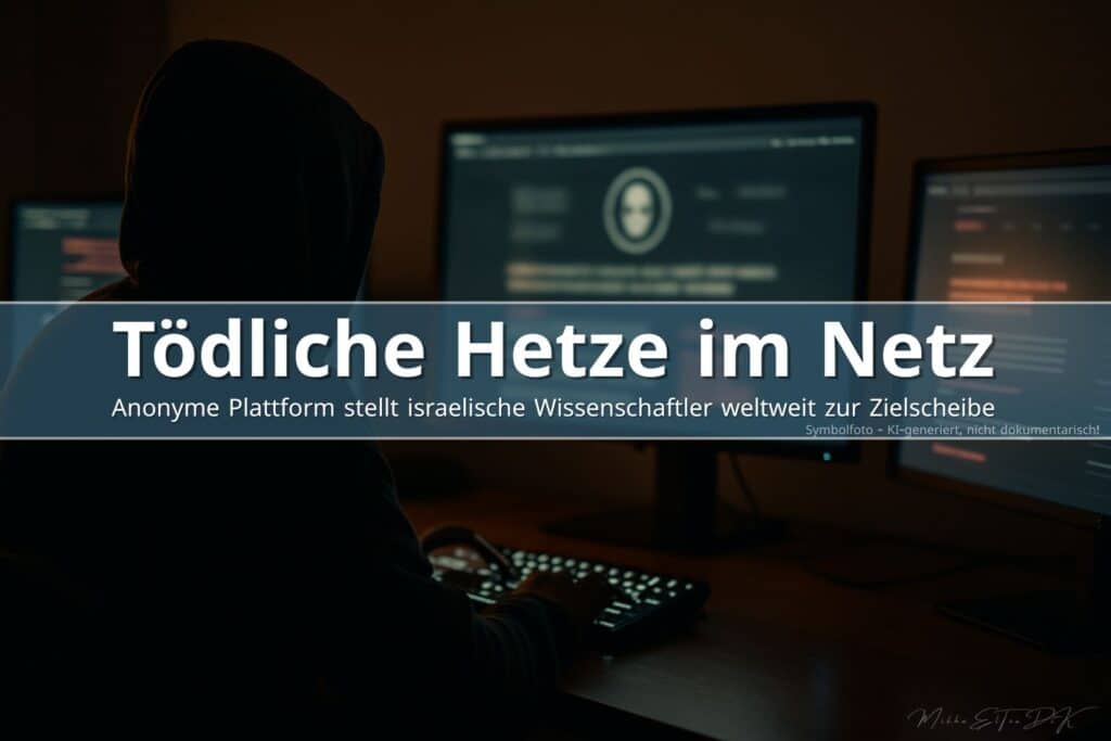 Silhouette einer Person vor mehreren Monitoren mit unscharfer extremistischer Website, symbolisiert digitale Bedrohung und Online-Kopfgeldlisten gegen israelische Wissenschaftler
