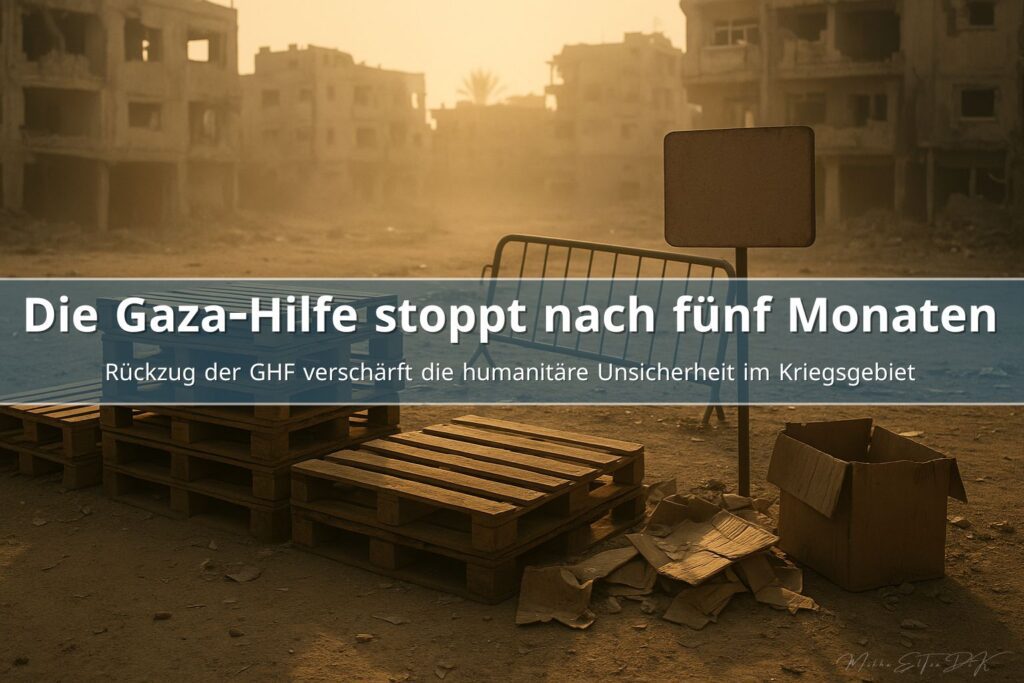 Verlassene humanitäre Verteilstelle in Gaza bei warmem Licht, leere Paletten und zerstörte Gebäude im Hintergrund