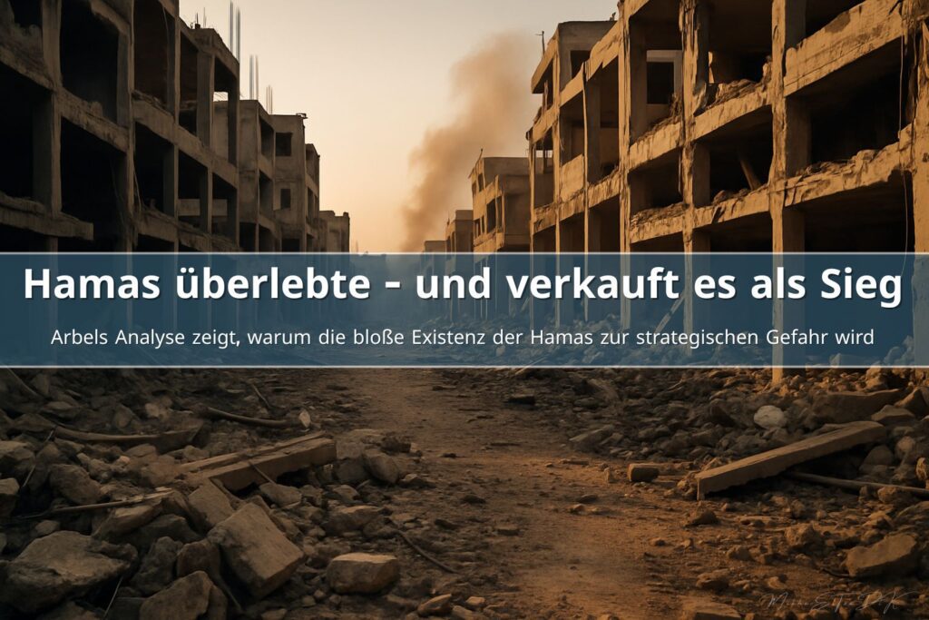 Zerstörte Straße im Gazastreifen mit eingestürzten Gebäuden und Rauch im Hintergrund