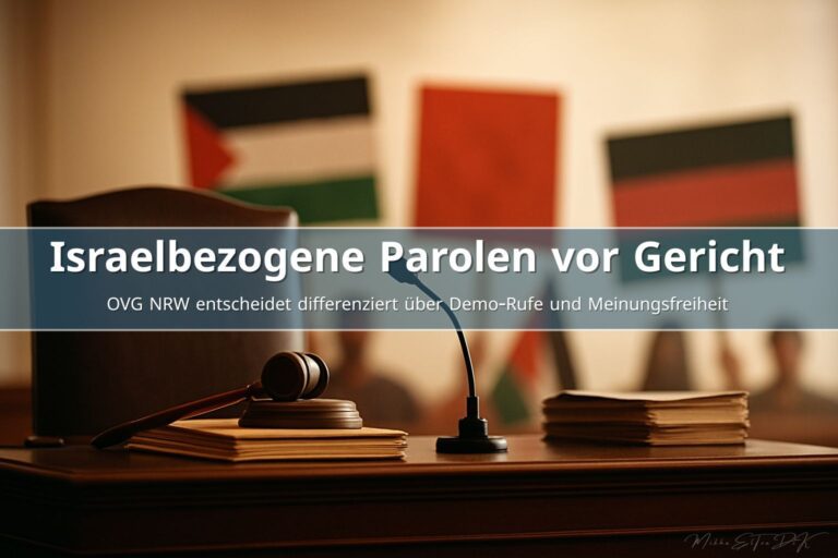 Gerichtssaal mit Richterstuhl, Mikrofon und Akten im Vordergrund, im Hintergrund unscharfe pro-palästinensische Protestschilder, symbolisch für die juristische Bewertung politischer Parolen.
