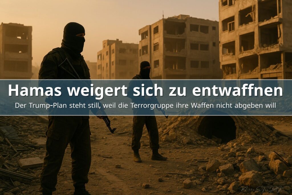 Bewaffnete Hamas-Kämpfer bewachen zerstörte Straße in Gaza mit Tunnelöffnung im Hintergrund