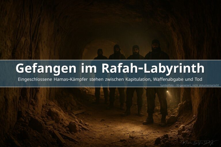 Bewaffnete Hamas-Kämpfer in einem engen Tunnel unter Rafah, dokumentarische Szene mit dramatischem Licht