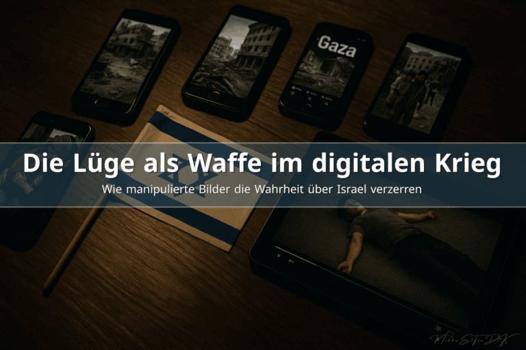 Dokumentarisches 16:9 Foto: Dunkler Holztisch mit Smartphones, die Gaza-Propaganda und manipulierte Posts zeigen, daneben eine halb beleuchtete israelische Flagge und ein Tablet mit gestellter Videoaufnahme.
