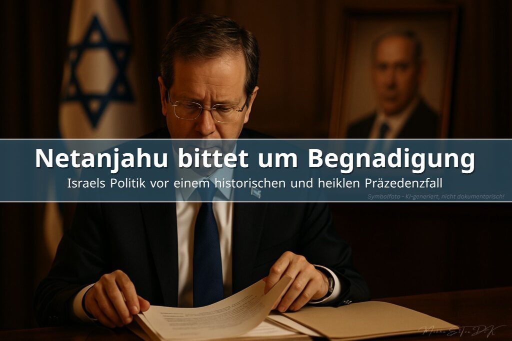 Israels Präsident Isaac Herzog prüft juristische Akten, im Hintergrund ein Porträt von Benjamin Netanjahu.