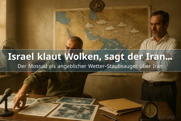 Iranischer General zeigt während einer Pressekonferenz auf eine Wetterkarte, daneben steht ein skeptischer Meteorologe in einem iranischen Regierungsbüro.