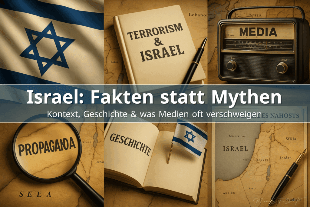 Israel: Fakten statt Mythen – Collage aus Flagge, Büchern zu Terrorismus und Geschichte, Propaganda-Lupe und Nahost-Karte.