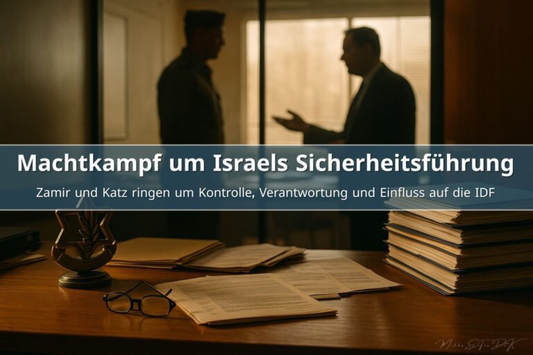 Israeliisches Verteidigungsbüro mit Akten auf dem Tisch und zwei Silhouetten im Streit hinter Glaswand