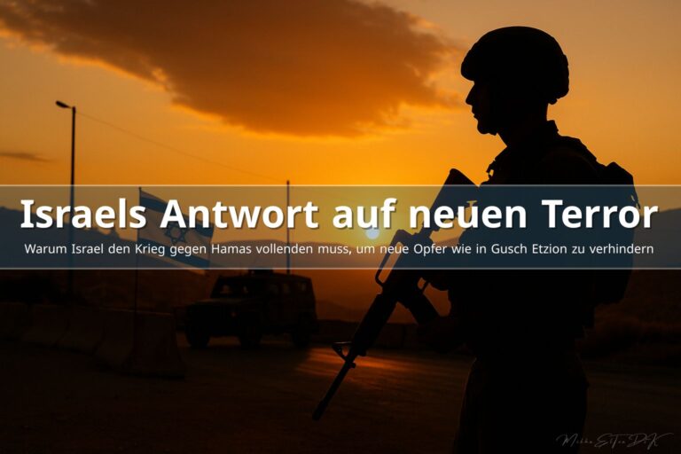 IDF-Soldat als Silhouette an einem israelischen Außenposten im Sonnenuntergang, mit Flagge und Jeep im Hintergrund, Symbol für Israels Kampf gegen Hamas.