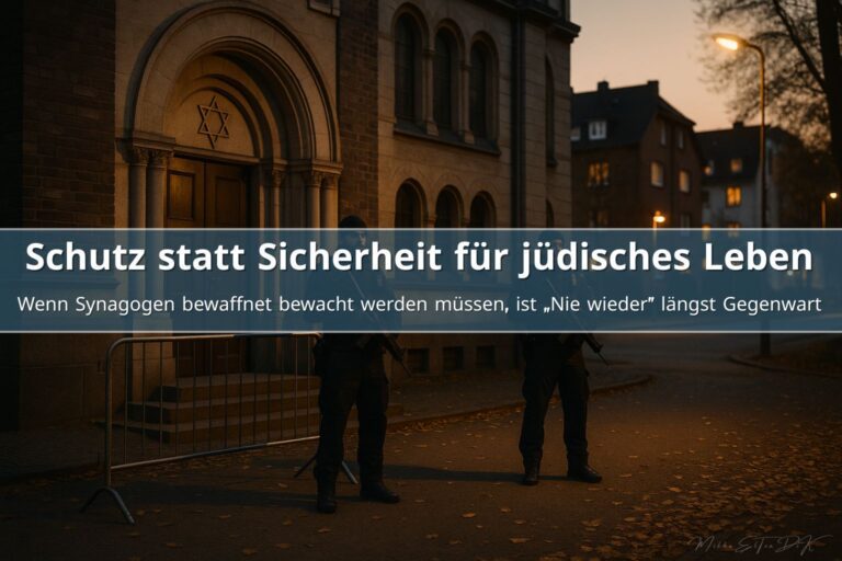Synagoge in Deutschland bei Abendlicht mit bewaffnetem Polizeischutz als Symbol für wachsenden Judenhass