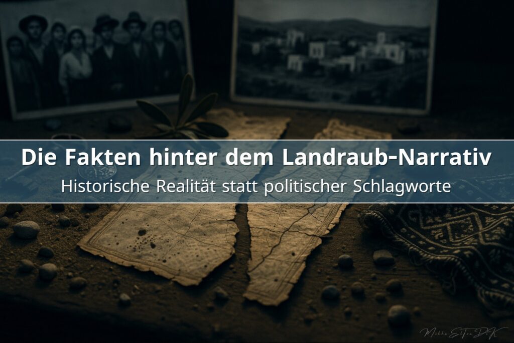 Ausschnitt einer zerrissenen historischen Karte des britischen Mandatsgebiets Palästina auf einem sandigen Holztisch, umgeben von alten Fotografien, einem Schlüssel, einem Kompass und traditionellen Stofffragmenten.