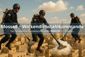Drei Agenten in schwarzer Ausrüstung fliegen mit Jetpacks über einer nahöstlichen Stadt und saugen humorvoll Wolken mit großen Staubsaugern ein; satirische Darstellung des behaupteten „Wolkendiebstahls“.
