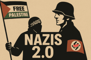 Illustration zeigt einen vermummten pro-palästinensischen Demonstranten mit Free-Palestine-Flagge gegenüber einer Figur im NS-Stil. In der Mitte steht der Schriftzug Nazis 2.0 als Kritik an modernem Judenhass.