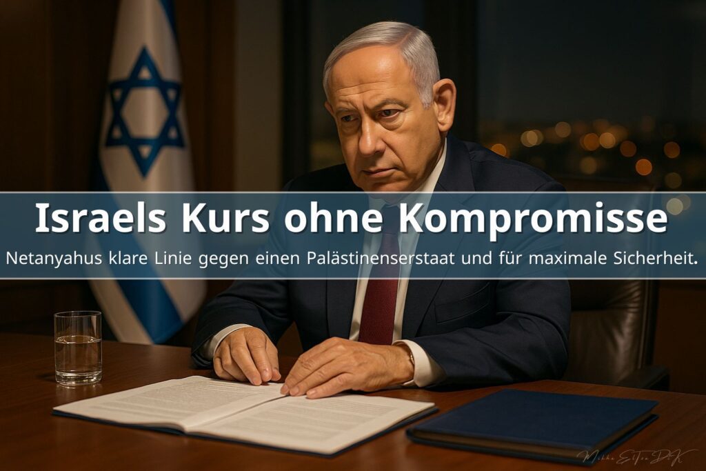 Benjamin Netanyahu sitzt an einem dunklen Holztisch in einem warm beleuchteten Regierungsbüro, vertieft in Dokumente. Im Hintergrund sind die israelische Flagge und die nächtlich beleuchtete Skyline Jerusalems unscharf erkennbar. Die Szene vermittelt politische Entschlossenheit und sicherheitspolitische Ernsthaftigkeit.