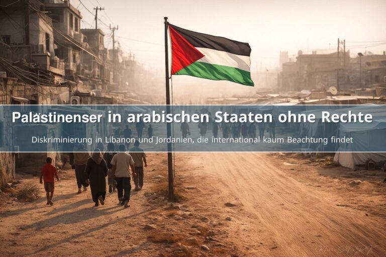 Palästinensische Flüchtlinge in einem staubigen Lager mit Häusern und Zelten, große palästinensische Flagge im Vordergrund, dokumentarische Szene bei warmem Abendlicht.