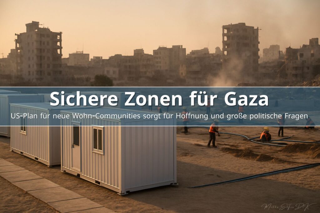 Modulare Wohncontainer in Gaza vor zerstörter Stadtkulisse bei warmem Abendlicht