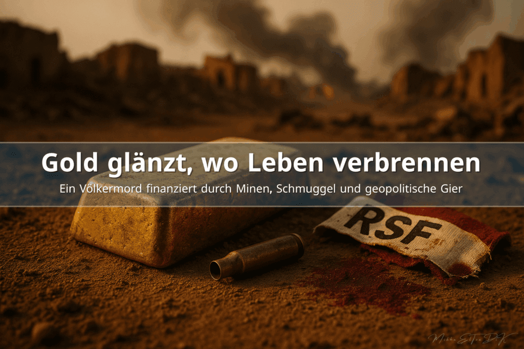 Goldbarren im Wüstensand neben Patronenhülse und zerrissenem RSF-Armband vor brennenden sudanesischen Ruinen