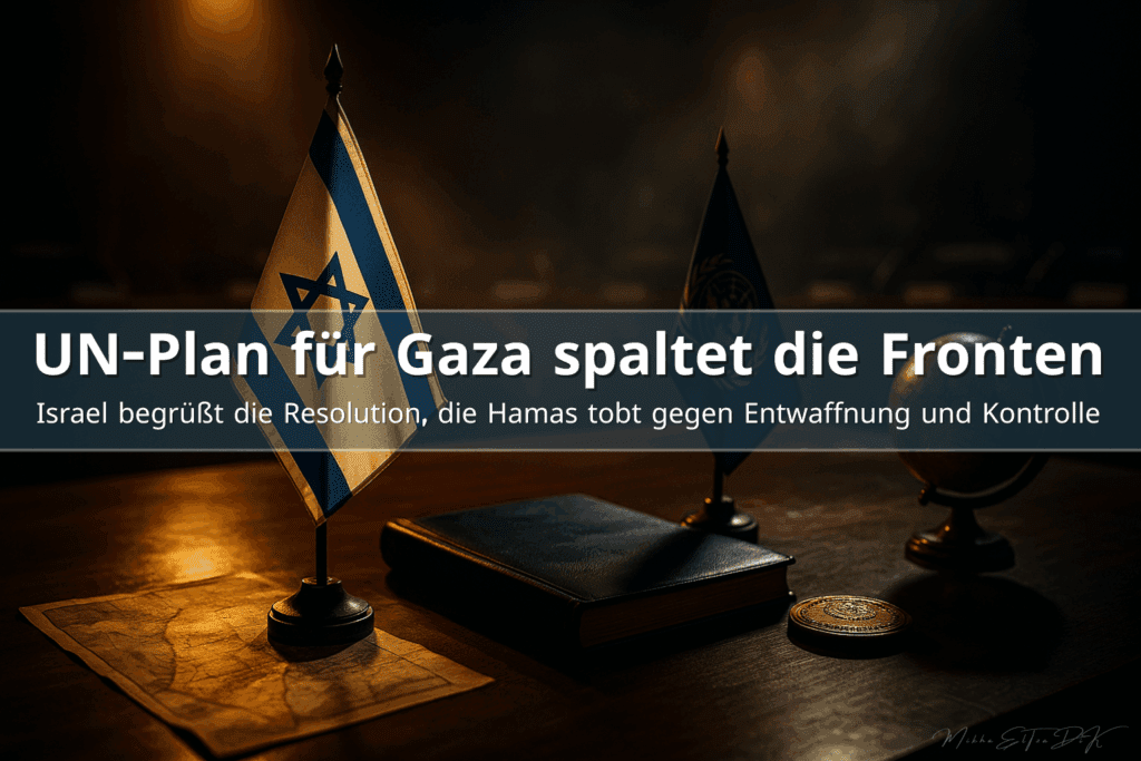 Dokumentarisches 16:9-Foto mit israelischer Flagge, UN-Flagge, Diplomatenmappe, antiker Nahostkarte und Globus auf einem warm beleuchteten Konferenztisch, symbolische Darstellung des UN-Gaza-Plans ohne Menschen und ohne Text.