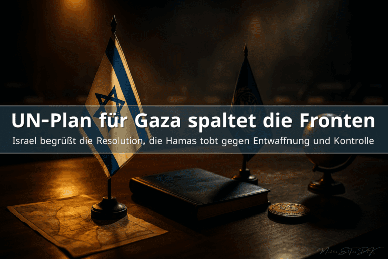 Dokumentarisches 16:9-Foto mit israelischer Flagge, UN-Flagge, Diplomatenmappe, antiker Nahostkarte und Globus auf einem warm beleuchteten Konferenztisch, symbolische Darstellung des UN-Gaza-Plans ohne Menschen und ohne Text.