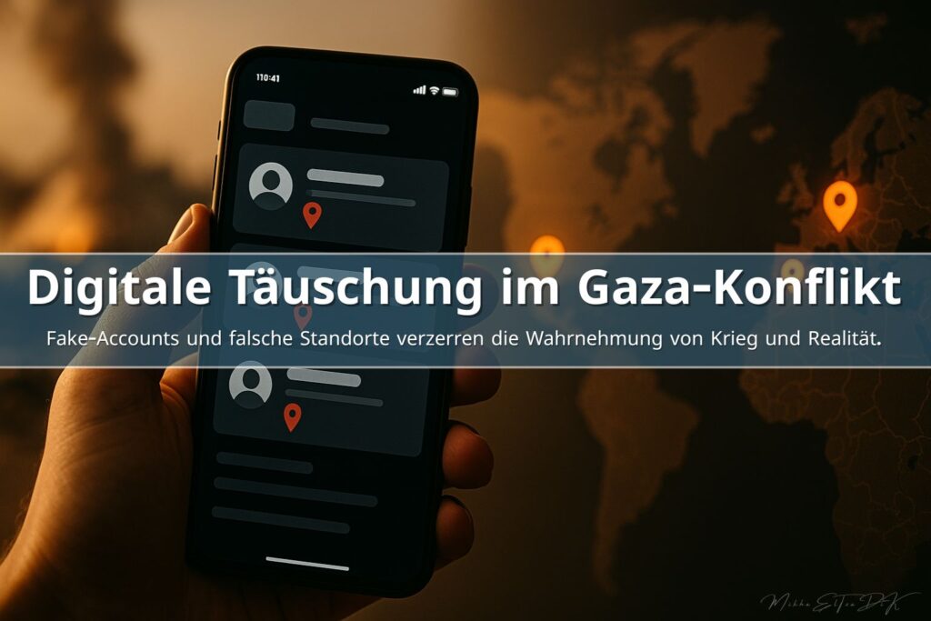 Smartphone mit Social-Media-Profilen und Standortmarkern vor unscharfer Weltkarte, Symbol für Fake-Gaza-Accounts und digitale Desinformation.