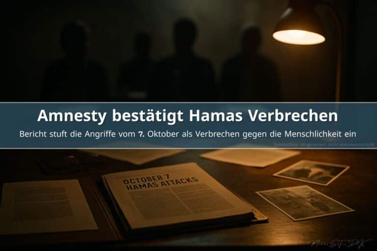 Dokumentarische Szene mit Ermittlungsakten zu den Hamas-Verbrechen vom 7. Oktober auf einem Tisch