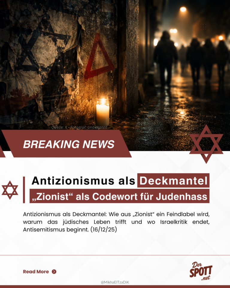 Kerze vor einer Mauer mit Davidstern und rotem Warnsymbol, im Hintergrund unscharfe Personen in einer nächtlichen Straße