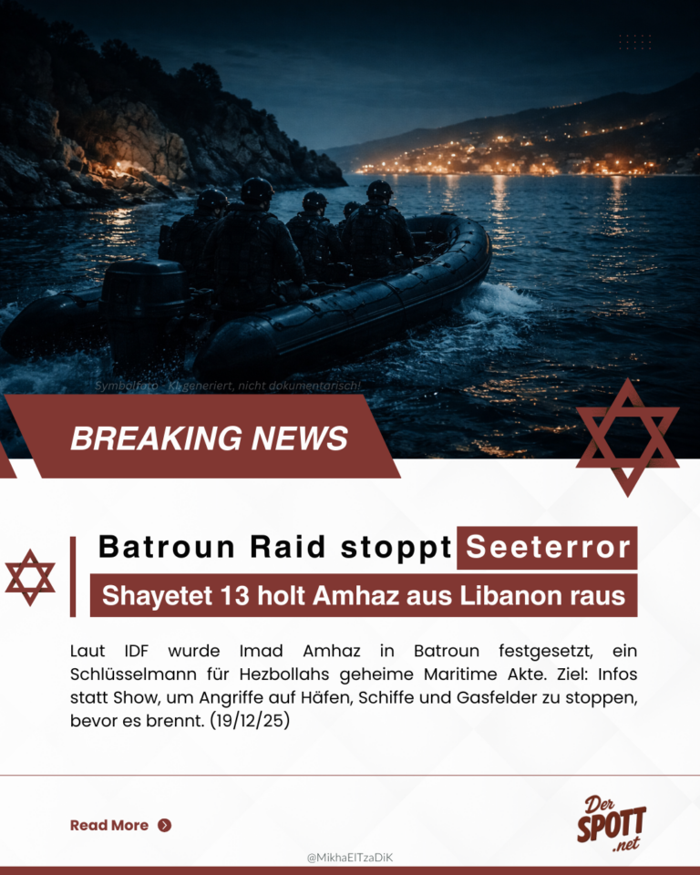 Instagram-Card: Nachts fährt ein Militär-Schlauchboot über das Meer, Headline „Batroun Raid stoppt Seeterror“, Shayetet 13, Imad Amhaz, Libanon, DerSpott.net