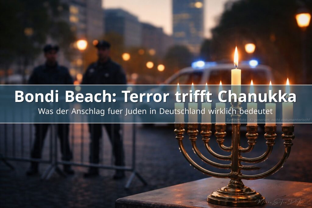 Chanukka-Menora im Vordergrund, Polizeischutz und Blaulicht als Symbol fuer juedische Sicherheit nach dem Bondi Beach Anschlag