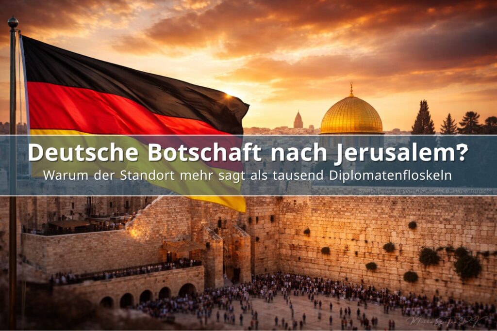 Deutsche Flagge weht vor der Jerusalemer Altstadt, Symbol für die Debatte um eine Botschaftsverlegung nach Jerusalem