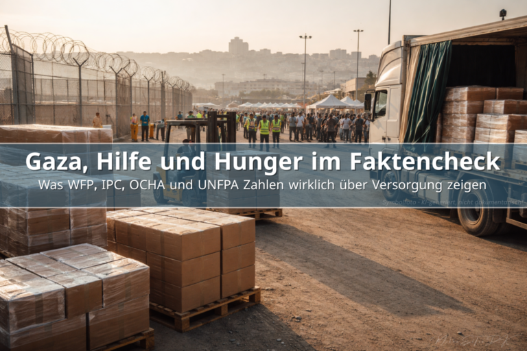 Hilfslieferungen an einem Grenzübergang, Paletten mit Lebensmittelhilfe werden verladen, während Helfer die Ausgabe koordinieren, Symbolbild zur Debatte um Gaza Hilfszahlen.