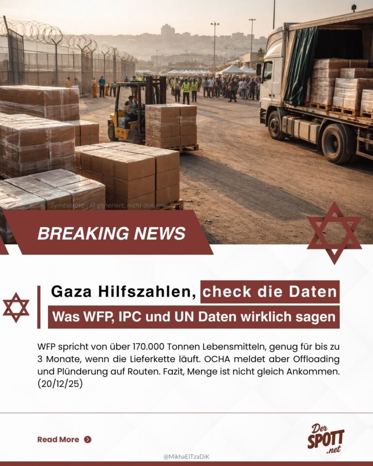 Instagram-Card mit LKW, Paletten und Gabelstapler an Grenzübergang, Text: „Gaza Hilfszahlen, check die Daten“, Bezug auf WFP, IPC und UN Daten