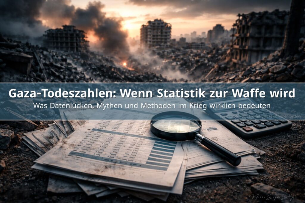Gaza-Todeszahlen als Kriegsstatistik, Dokumente mit Zahlen, Lupe und Rechner vor Trümmern