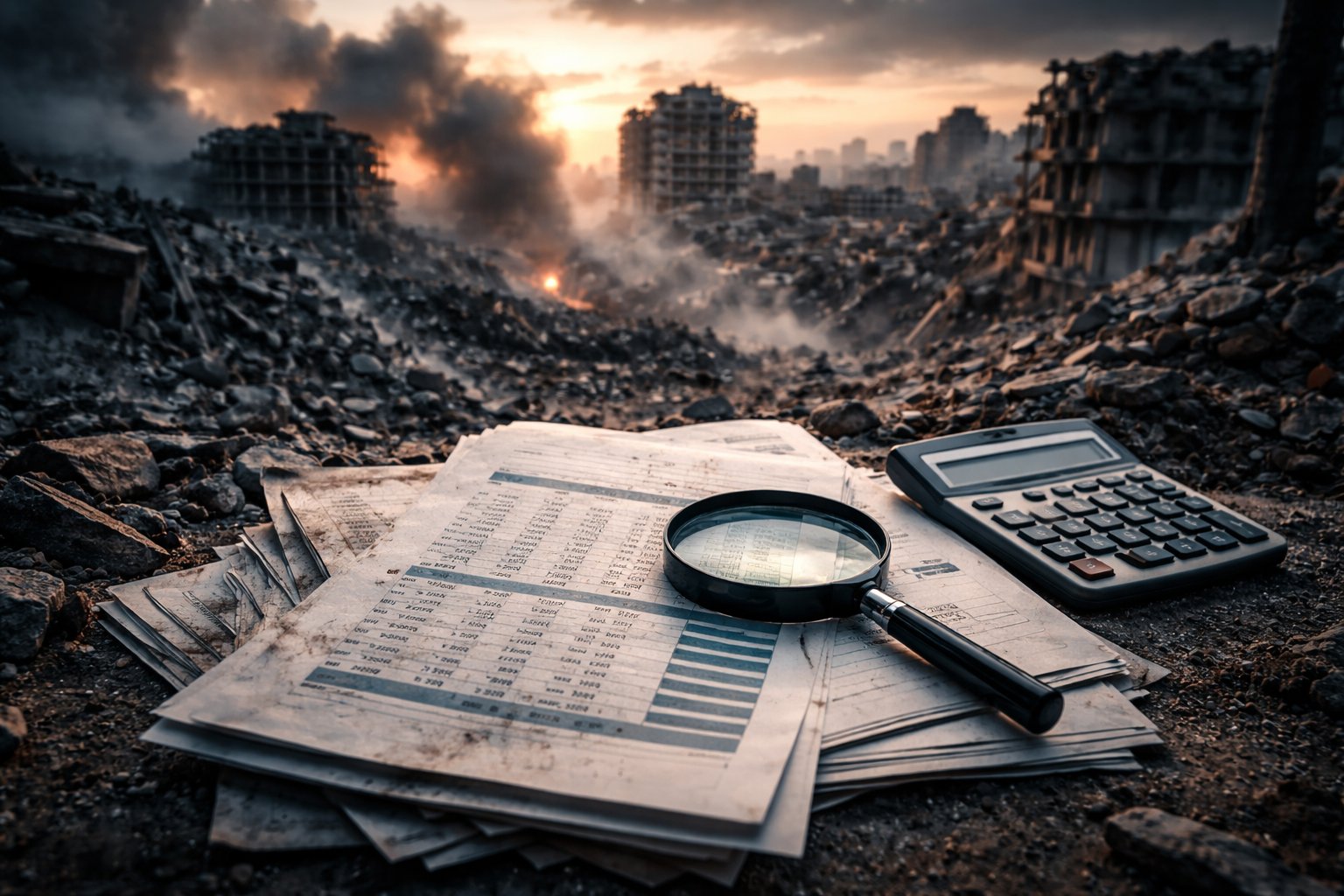Gaza-Todeszahlen als Kriegsstatistik, Dokumente mit Zahlen, Lupe und Rechner vor Trümmern