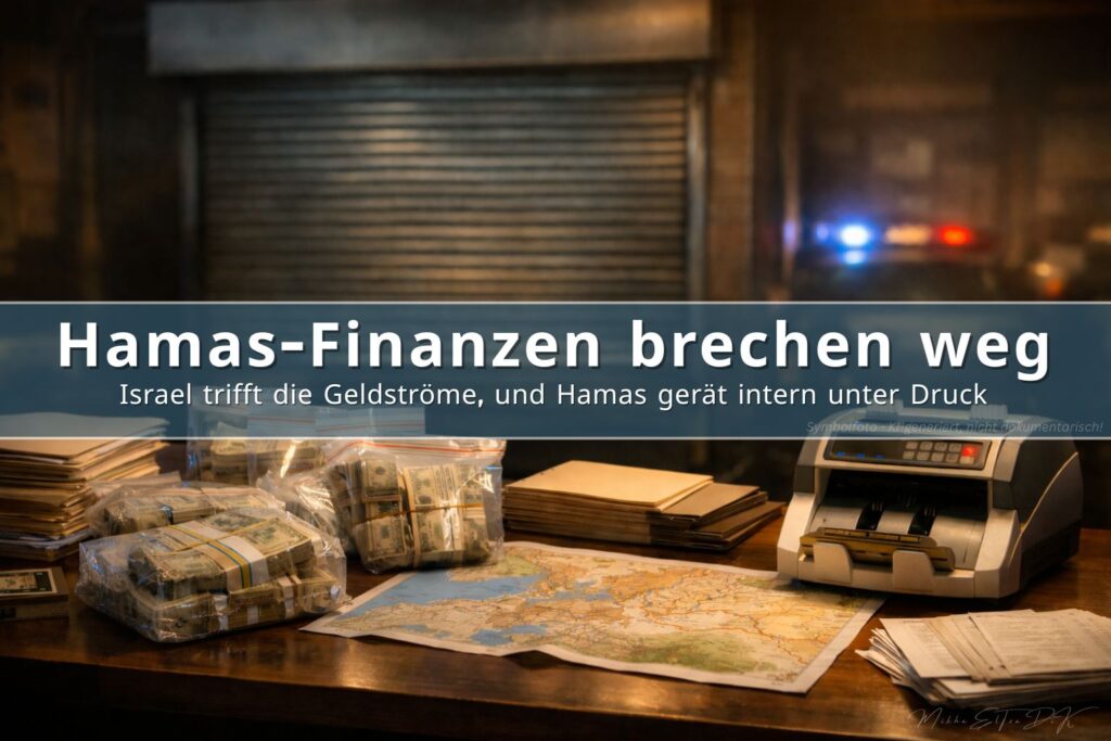 Ermittlungsraum mit beschlagnahmtem Bargeld, Geldzählmaschine und Karte, Symbol für Israels Kampf gegen Hamas-Finanzen
