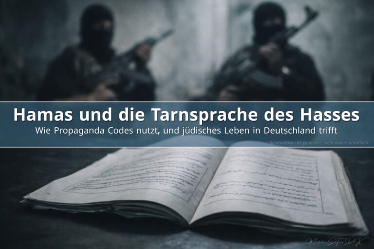 Hamas-Handbuch Propaganda als arabisches Dokument im Vordergrund, im Hintergrund unscharf bewaffnete maskierte Männer als Symbol für Terrorpropaganda