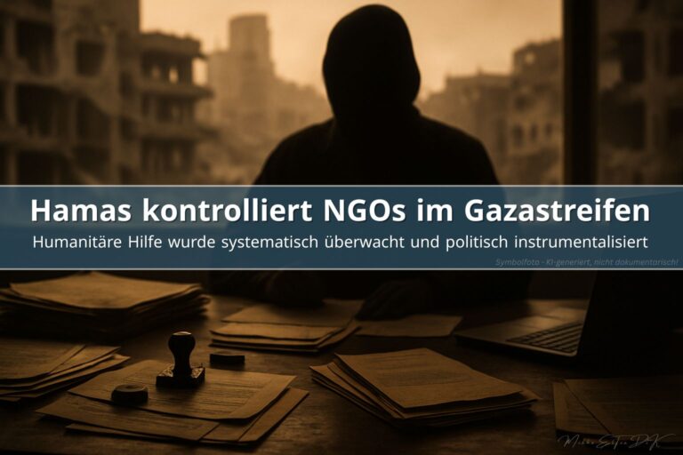 Schattenhafte Figur überwacht Dokumente vor zerstörter Gaza-Kulisse, Symbol für Hamas-Kontrolle über NGOs
