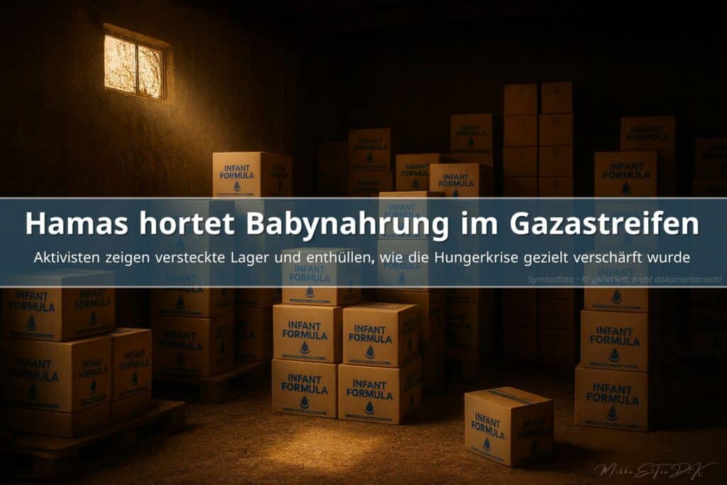 Kleine Kartons mit Babynahrung in einem dunklen Hamas-Lager in Gaza, dokumentarische Szene
