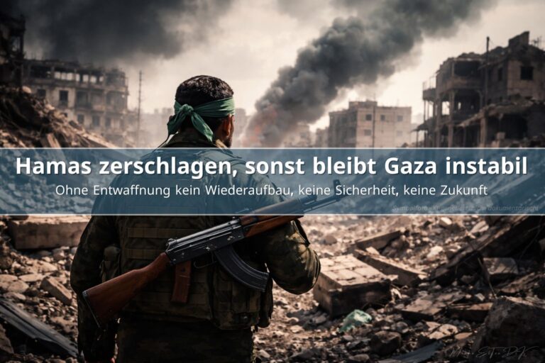 Hamas-Kämpfer steht in zerstörter Straße in Gaza, Symbol für fehlende Stabilität ohne Entwaffnung