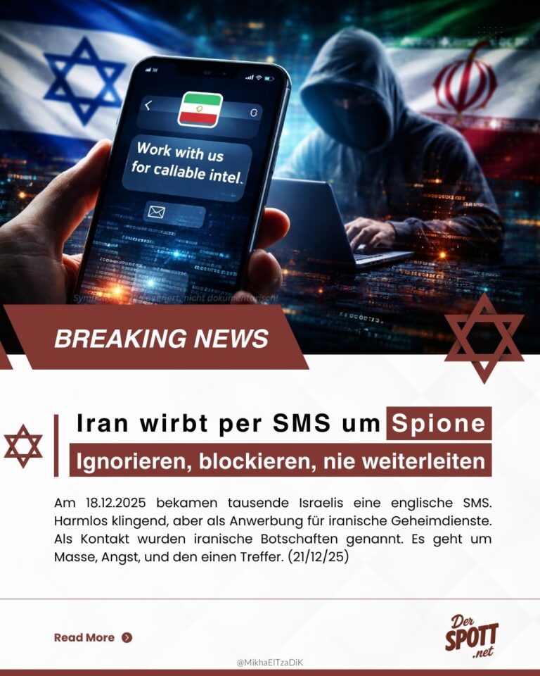 Instagram-Card mit Israel- und Iran-Flagge, vermummter Hacker am Laptop und Handy mit SMS „Work with us for callable intel.“ Headline: „Iran wirbt per SMS um Spione“ Subline: „Ignorieren, blockieren, nie weiterleiten“ Der-Spott.net