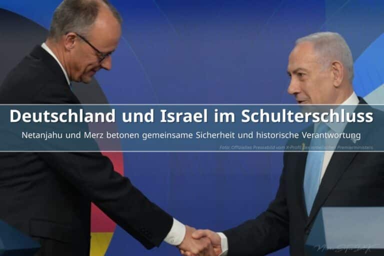 Benjamin Netanjahu und Friedrich Merz geben sich in Jerusalem die Hand, Symbol für die sicherheitspolitische Partnerschaft zwischen Israel und Deutschland.