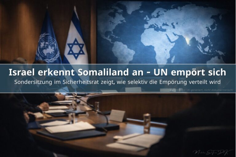 UN Sicherheitsrat Sitzung mit UN und Israel Flagge, Weltkarte zeigt Horn von Afrika, Fokus auf Somaliland Anerkennung