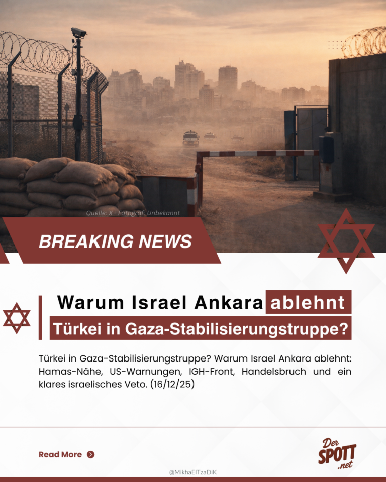 Grenzposten mit Stacheldraht, Sandsäcken und Kontrollschranke, im Hintergrund Gaza-Stadt bei Staub und Dämmerung